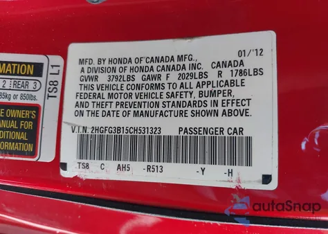 2012 Honda Civic Ex-L z USA, uszkodzony, nr VIN 2HGFG3B15CH531323